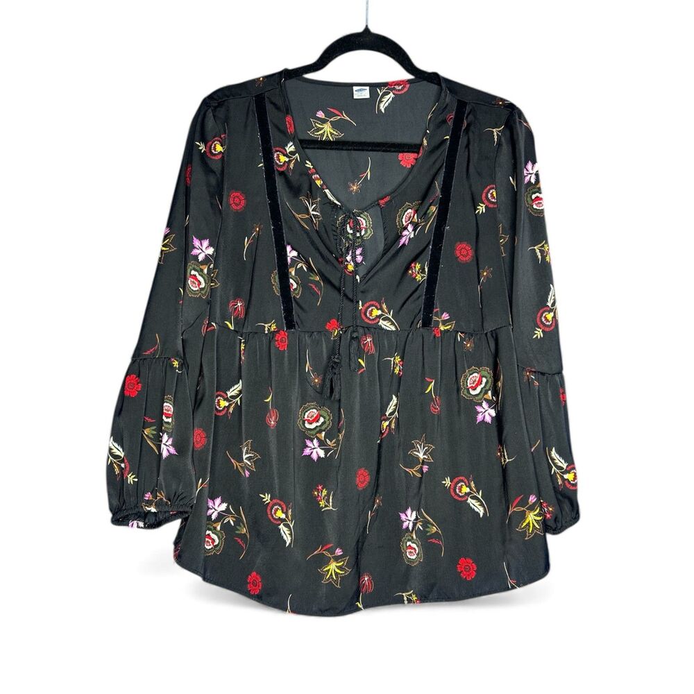 Old Navy Women's Black Floral Velvet Boho Peasant Cottagecore Flowy Blouse Sz M